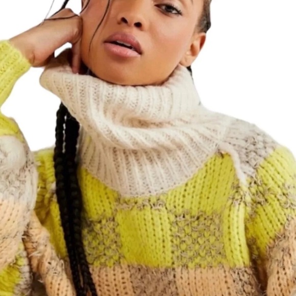 Free People Check Me Out Pullover Sweater Thick Texture Turtleneck Tan Yellow - Picture 5 of 8